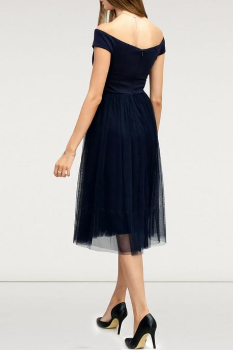 Navy Bardot Midi Dress