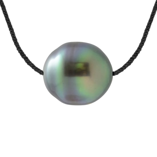 Necklace Love Links in Twisted Nylon of Black Color adorned with a Real Cultured Tahiti Pearl Circled 9-10 mm