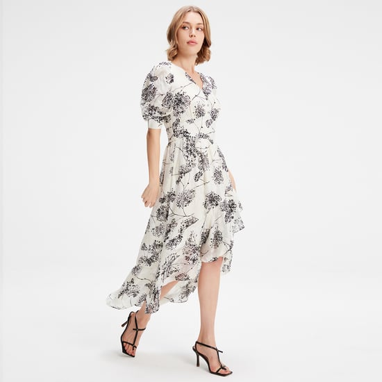 Linear Flower Print Plunging Hem Dress