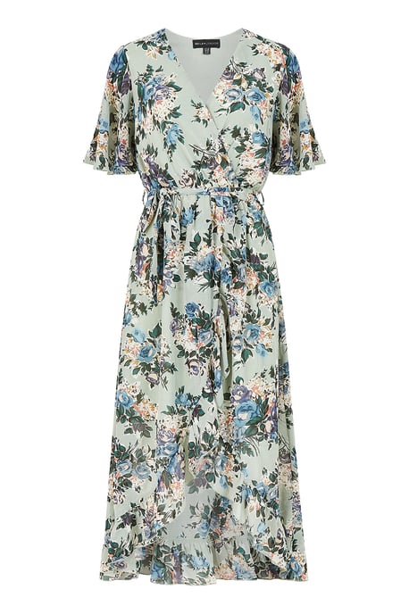 Mela Sage Green Floral Wrap Front Midi Dress