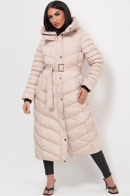 Jess Women’s Long Puffer Coat with Belt & Hood
