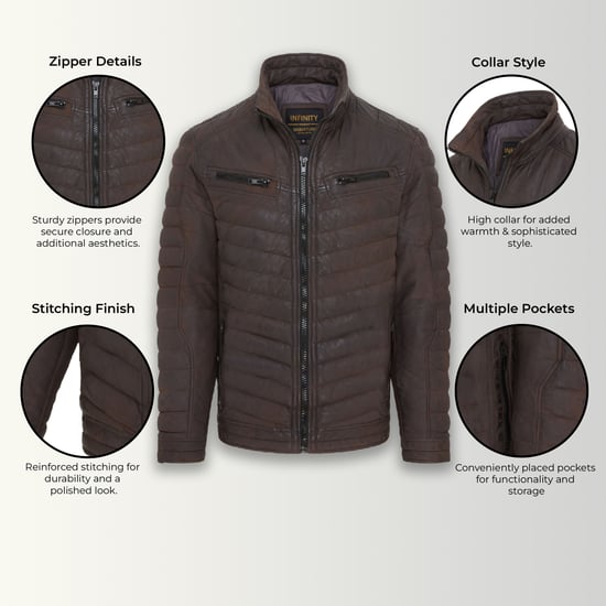 Mens Brown Quilted Puffer Leather Bomber Jacket - Torpoint