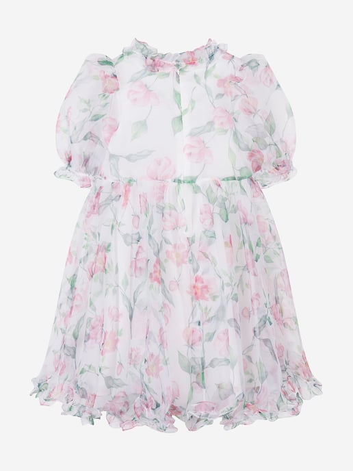 Mama Luma Girls Organza Ruffle Rose Dress in White
