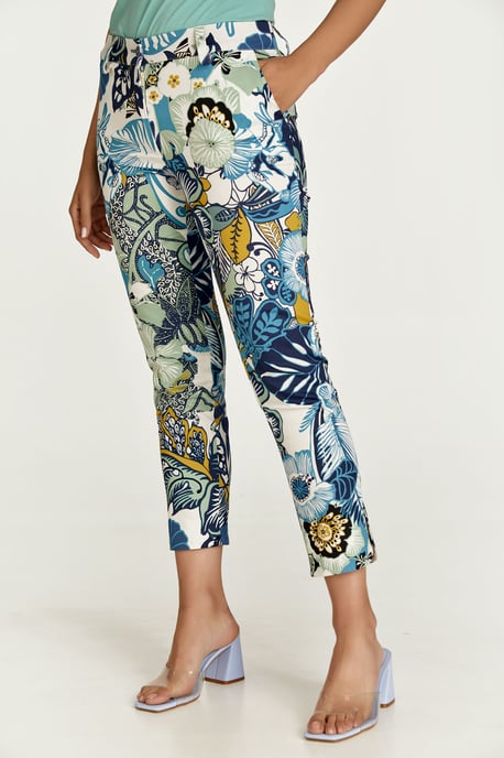 Gebloemde katoenen broek in blauwe en groene tinten - Image 4