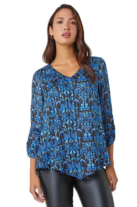 Abstract Print Metallic Ruched Blouse