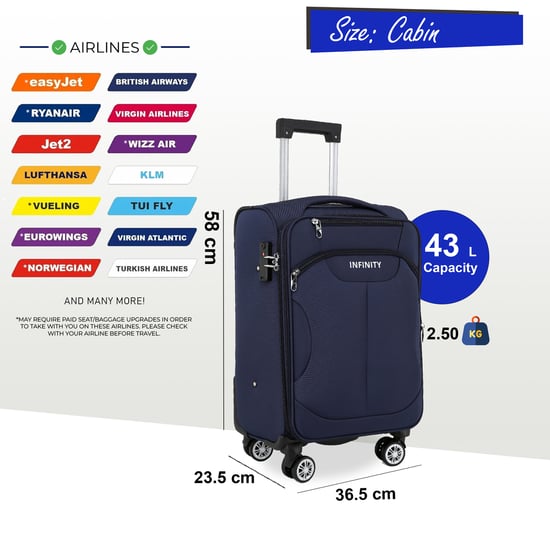Blue Soft Shell Suitcase 8 Wheel Luggage Travel TSA Light Carry On Cabin Bag