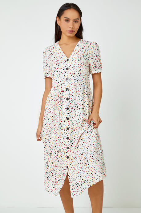 Ditsy Spot Print Button Down Dress