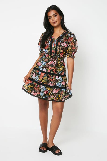 Floral Dobby Chiffon V Neck Trim Insert Skater Dress