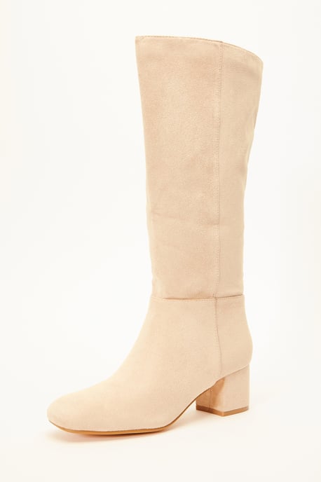 Cream Faux Suede Knee High Boots