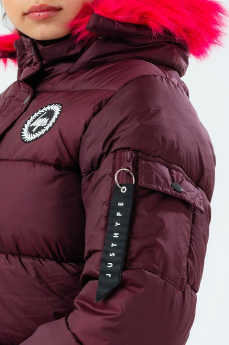 Hype Burgundy Kids Explorer Jacket With Pink Fur