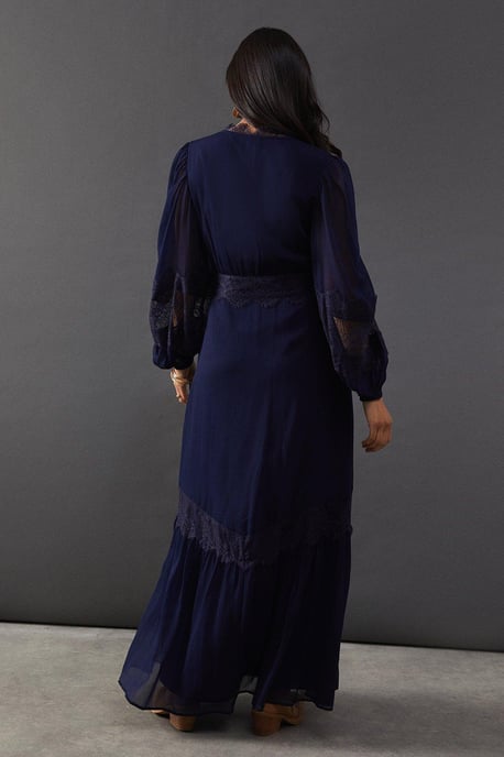 Chiffon Lace Insert Plunge Neck Maxi Dress