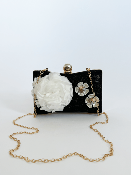 Square clutch Bag with 3D florals and Rhinestone handle in Black