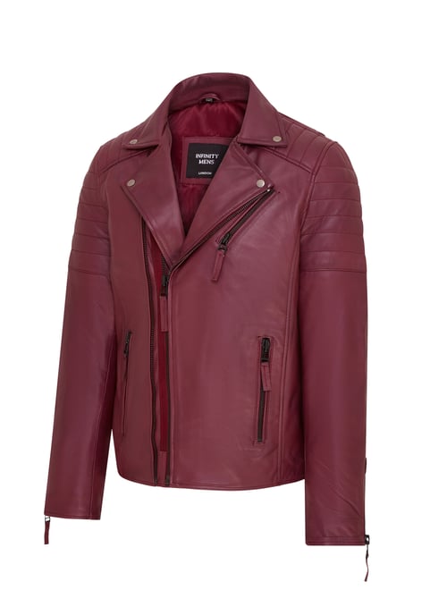 Mens Burgundy Brando Double Cross Zip Leather Biker Jacket- Fagernes
