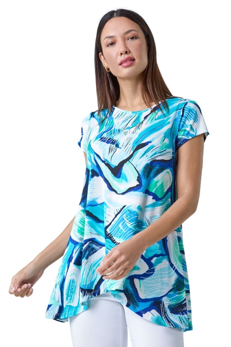Textured Abstract Stretch Hanky Hem Tunic Top