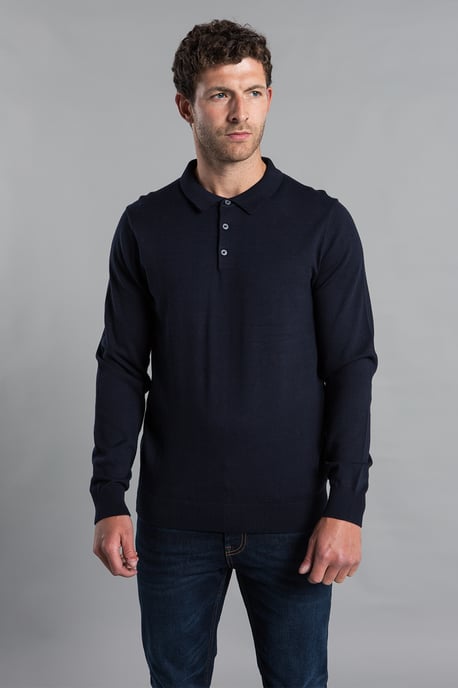 Dark Navy Cotton Knitted Long Sleeve Polo