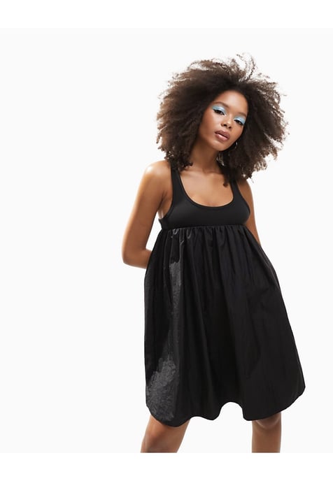 ASOS DESIGN racer 2 in 1 mini smock dress with puff skirt in black