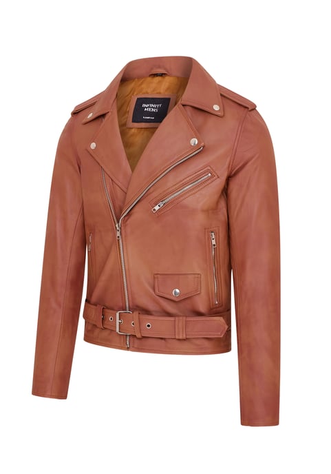 Mens Tan Classic Brando Leather Biker Jacket - Heinola