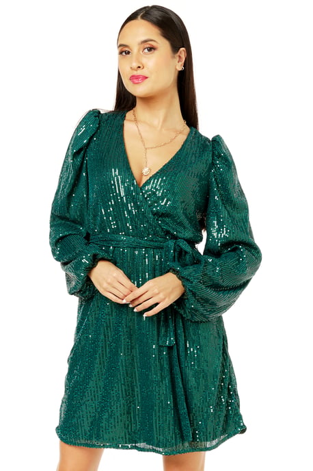 Bottle Green Sequin V Neck Belted Mini Dress