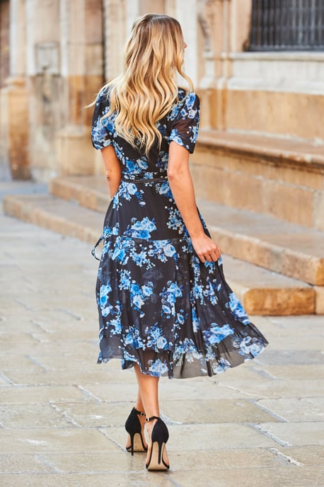 Black & Blue Floral Print Mesh Wrap Jersey Dress