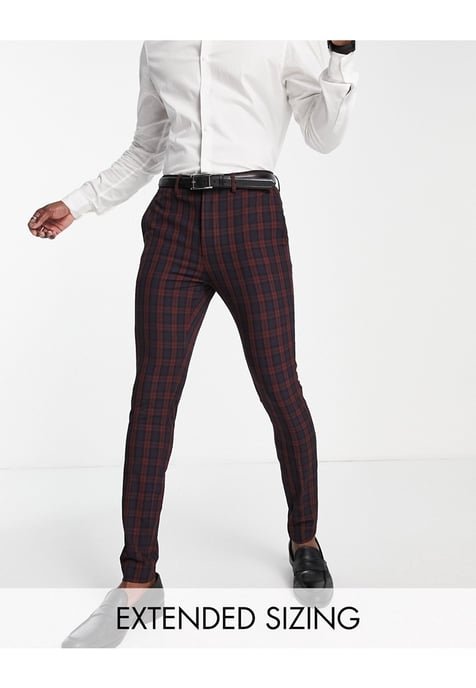 ASOS DESIGN wedding super skinny suit trousers in burgundy tartan-Red - Image 1