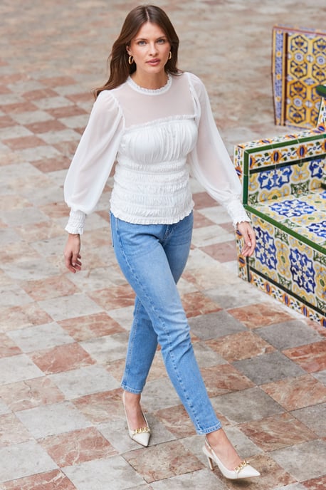 Ivory Shirred Detail Mesh Sleeve Top