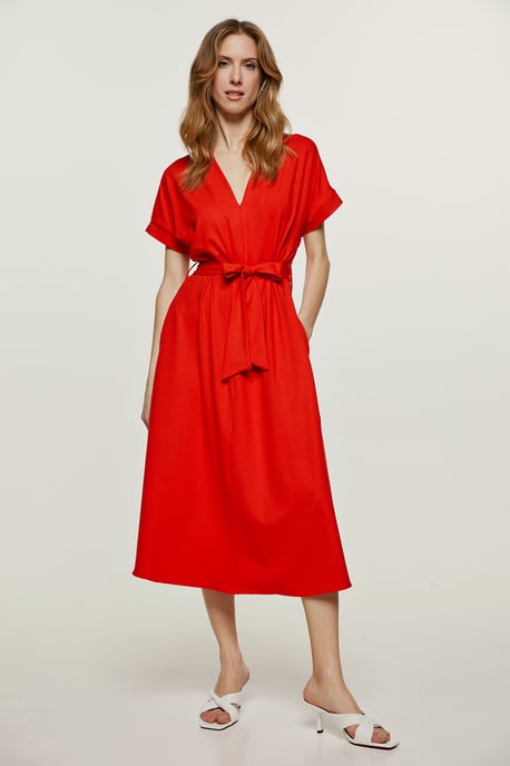 Red Jersey Belted Midi Dress