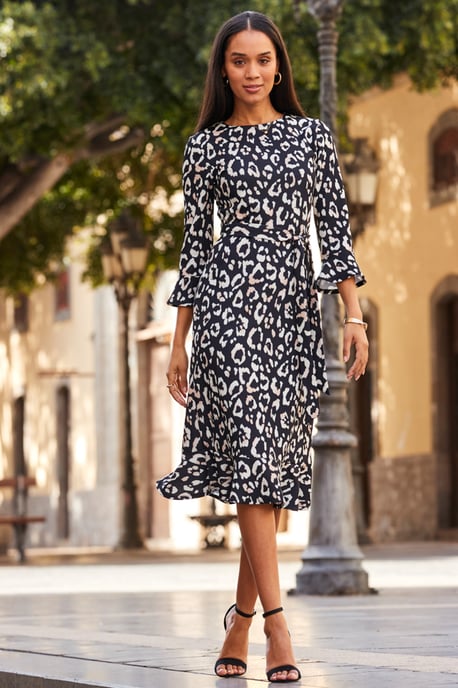 Animal Print Ruffle Detail Midi Dress
