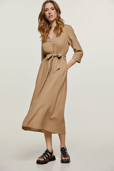 Beige linnen stijl midi jurk met ceintuur - Image 5