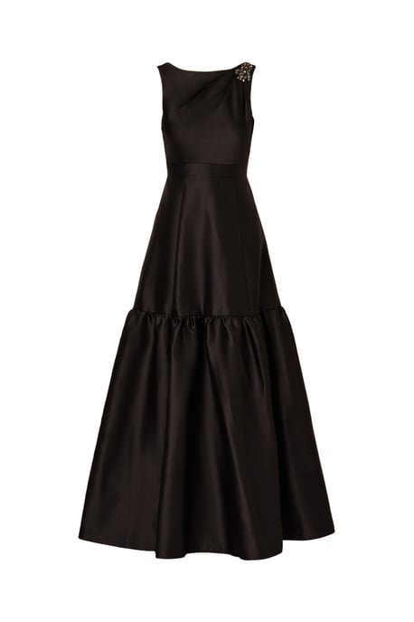 Mikado Flounce Shirred Gown in Black
