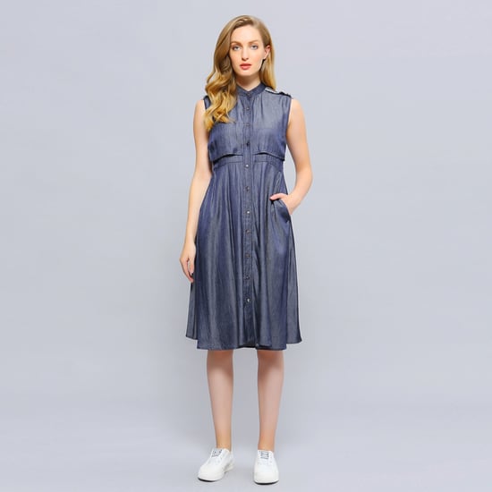 Open flap back fit-an- flare shirt dress