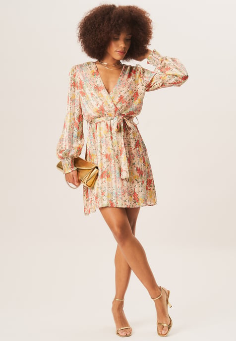 Multi Color Stripe Chiffon Jacquard Wrap Mini Dress