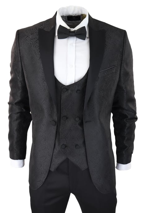 Mens Black Tuxedo Blazer Waistcoat Brocade Satin Paisley Formal Dinner Jacket