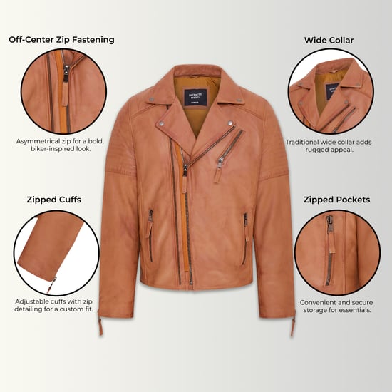 Mens Tan Brando Double Cross Zip Leather Biker Jacket- Fagernes
