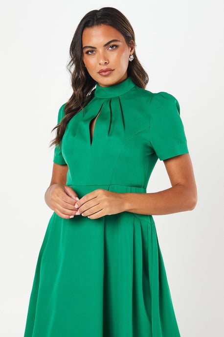High Neck Stretch Crepe Full Skirt Midi Dress - Image 4