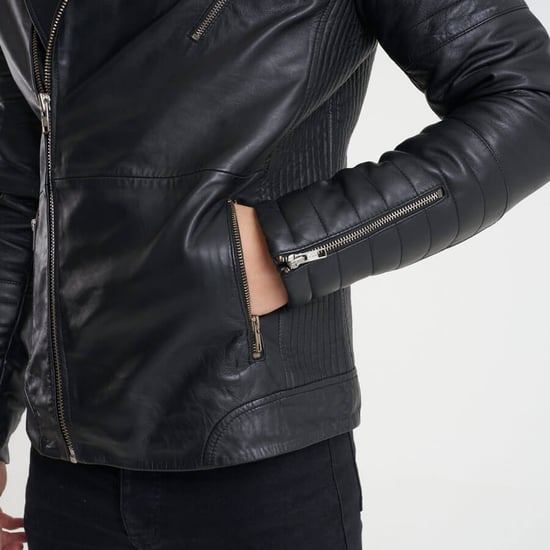 BARNEYS ORIGINALS Ribbed Sleeve Real Leather Jacket