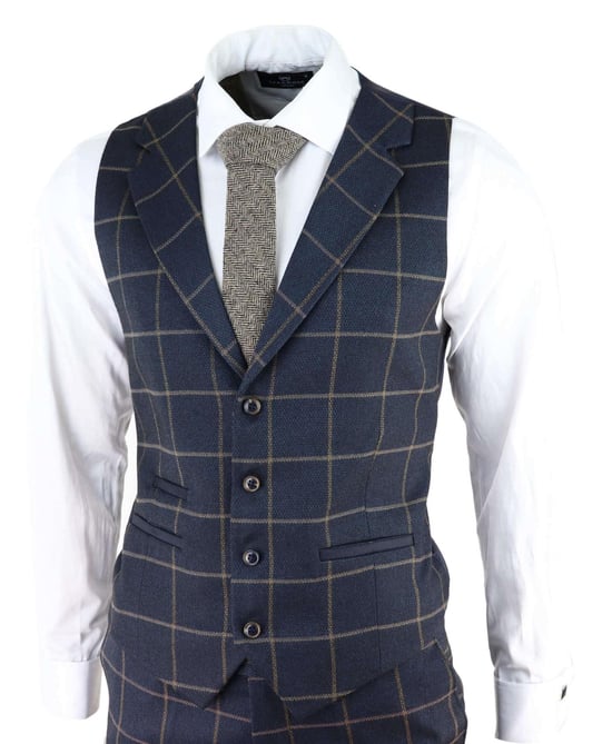 Heren Marineblauwe Geruite 3-delige Tweed Pak Peaky Blinders 1920s Gatsby Tailored Fit - Image 4