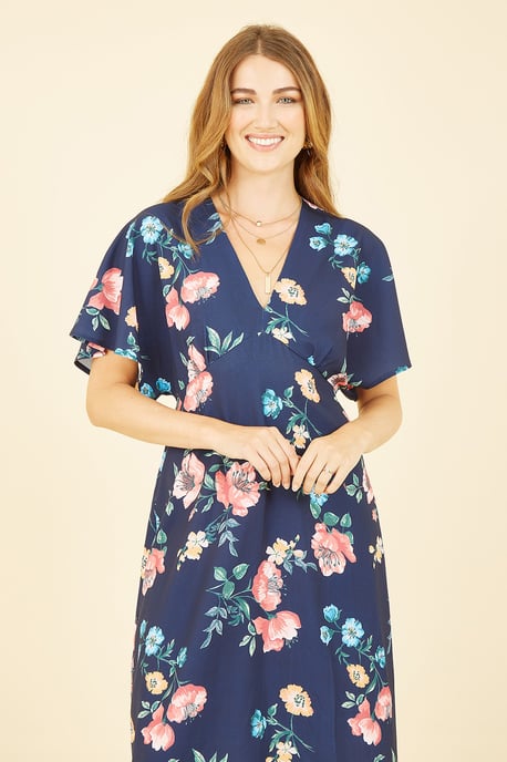 Navy Floral Kimono Midi Dress