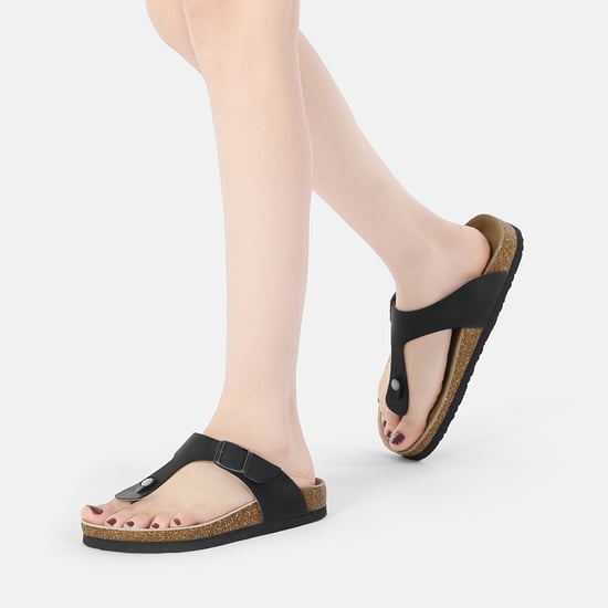 EVER AU Women Flamingo Leather Toe Thong Sandals - Black Leather