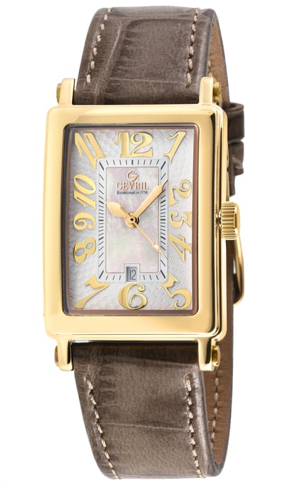 Gevril Avenue of Americas Mini Dames Zwitserse Quartz Wit MOP Wijzerplaat Horloge, Echte Tan Leren Horloge - Image 1