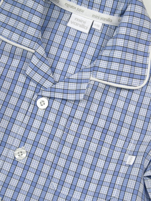Boys Blue Mini Check Cotton Shortie Pyjama Set