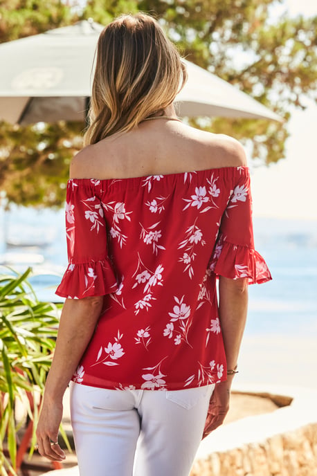 Red & White Floral Print Ruffle Sleeve Bardot Top