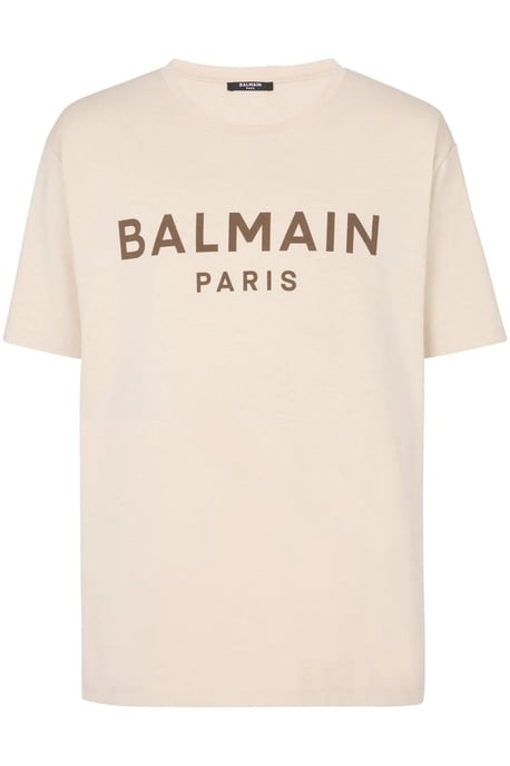 Balmain Brown Logo Print T-Shirt in Ivory Brown