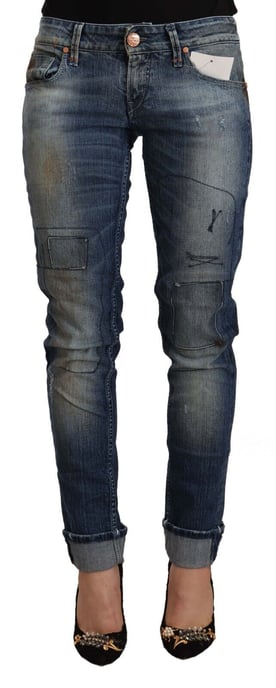 Acht Dames Blauwe Gewassen Lage Taille Vouwzoom Slim Fit Jeans - Image 1