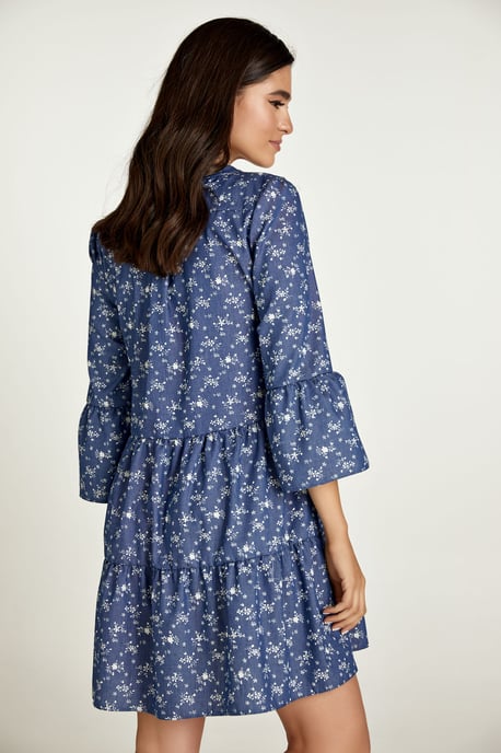 Indigo Floral A Line Dress with Bell Sleeves