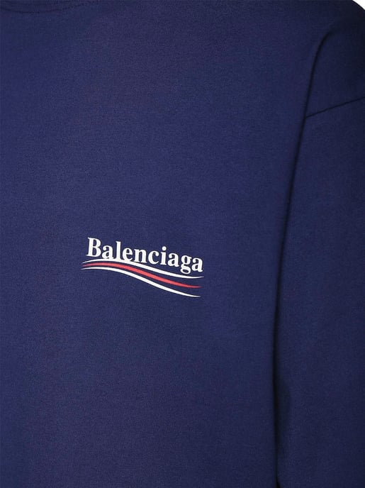 Balenciaga Political Logo Cotton Jersey T-Shirt Blue