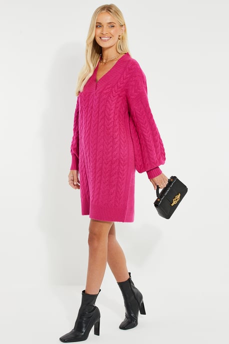 Fuchsia 'Chalk' Cable Knit Jumper Midi Dress - Image 1