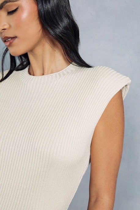 Knitted Ribbed Shoulder Pad Detail Maxi Dress