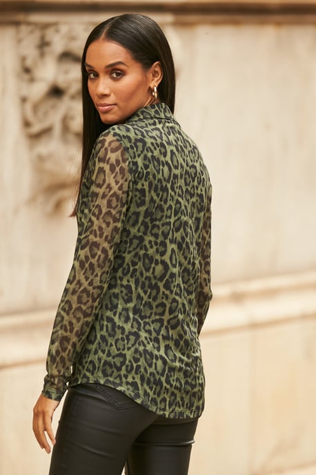 Khaki Green Animal Print Mesh Jersey Shirt
