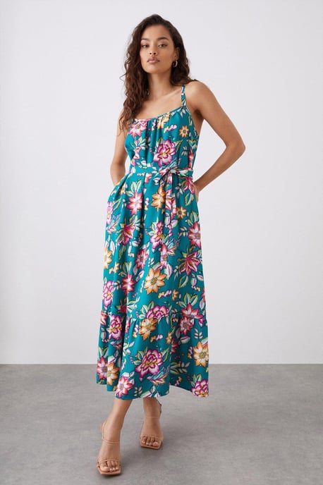 Petite Green Floral Tiered Pocket Midi Dress - Image 1