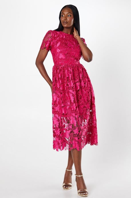 Premium Floral Satin Lace Midi Dress - Image 1
